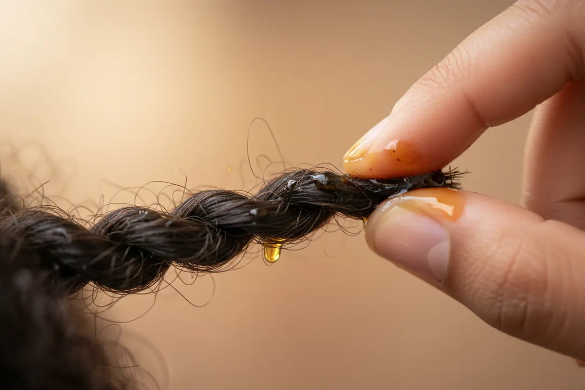 An adult sealing the ends of their natural hair with 100% pure Batana oil to prevent breakage and split ends.