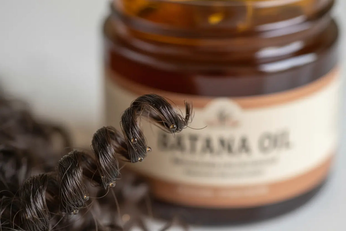 A close-up of a sealed hair end, showing how Batana oil is used to lock in moisture and prevent split ends.