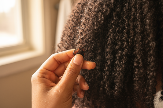 An adult using their fingers, coated in a shea butter and batana oil mix, to gently detangle a knot in natural hair.