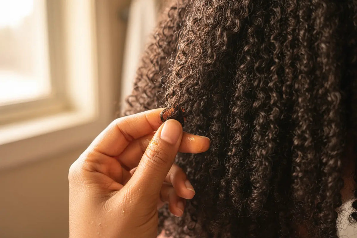 An adult using their fingers, coated in a shea butter and batana oil mix, to gently detangle a knot in natural hair.