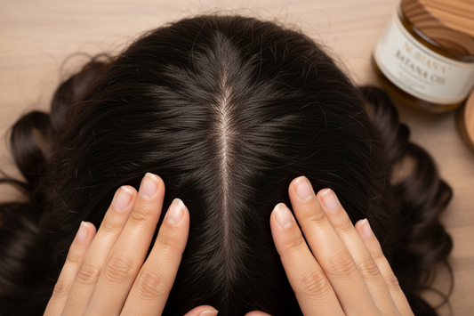 A person massaging Batana Oil into their healthy, hydrated scalp to relieve dryness and itchiness.