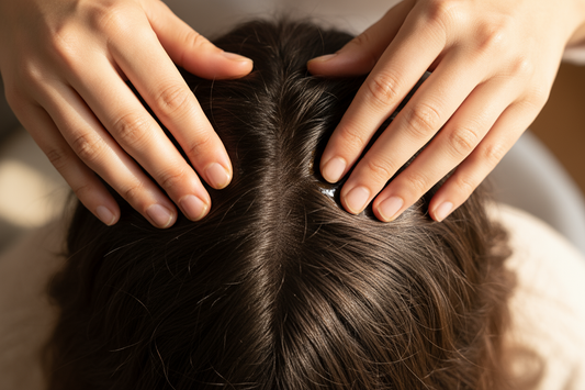 An adult massaging 100% pure Batana oil into their scalp as a natural treatment for dandruff and dry, flaky skin.