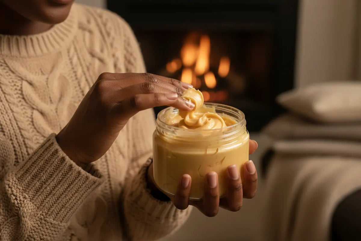 A person in a sweater holding unrefined shea butter, illustrating essential winter skincare for hydrated, melanin-rich skin