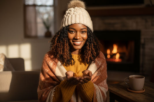 A woman with natural hair in winter, holding shea butter to "winter-proof" her routine and prevent dryness.
