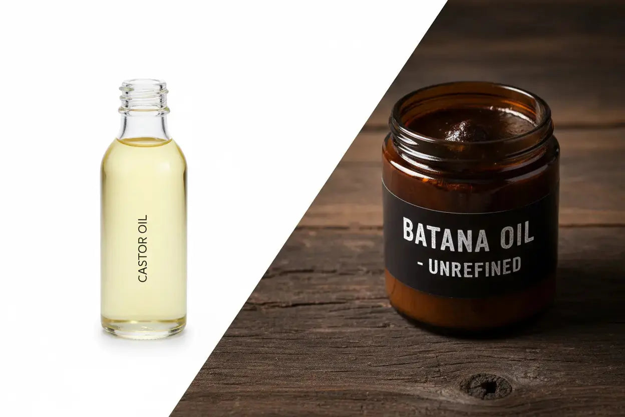 A comparison of Batana Oil and Castor Oil, showing their different colors and textures for hair growth