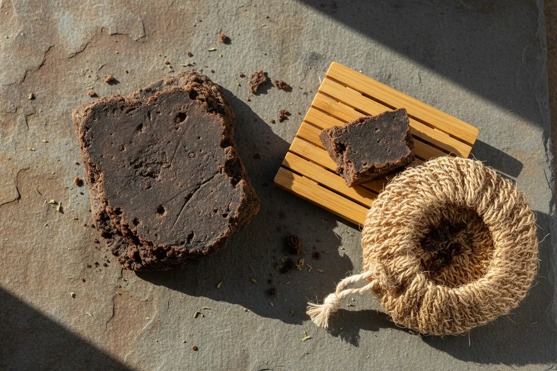Authentic raw african black soap displayed on a bamboo holder for clearing summer body acne