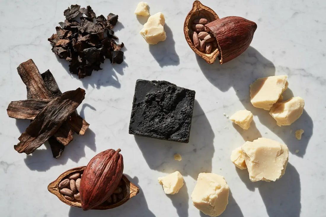 The true ingredients of african black soap displayed alongside raw cocoa pods and unrefined shea butter