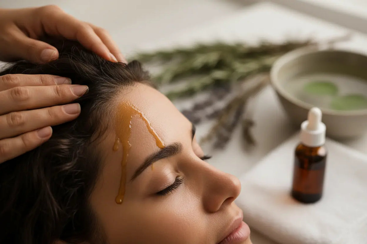 An adult applying pure Batana oil to their hairline to help nourish follicles during postpartum hair loss.