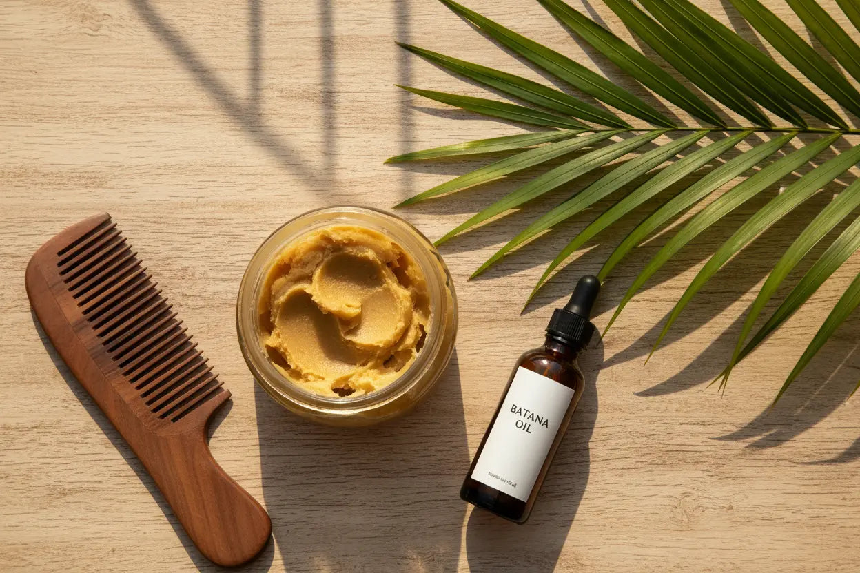 Pure unrefined plant fats displayed alongside a wooden comb as a natural raw shea butter conditioner alternative