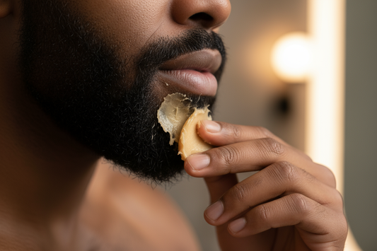 A man applying unrefined shea butter to his beard to use as a natural, softening beard balm and conditioner.