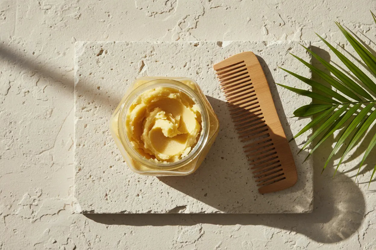 Pure unrefined shea butter displayed as a natural shea butter curl cream for holding frizzy summer hair