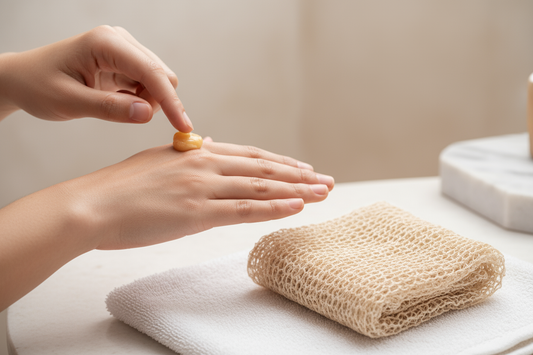 A gentle, natural skincare routine for sensitive skin, featuring pure shea butter and an African Net Sponge.