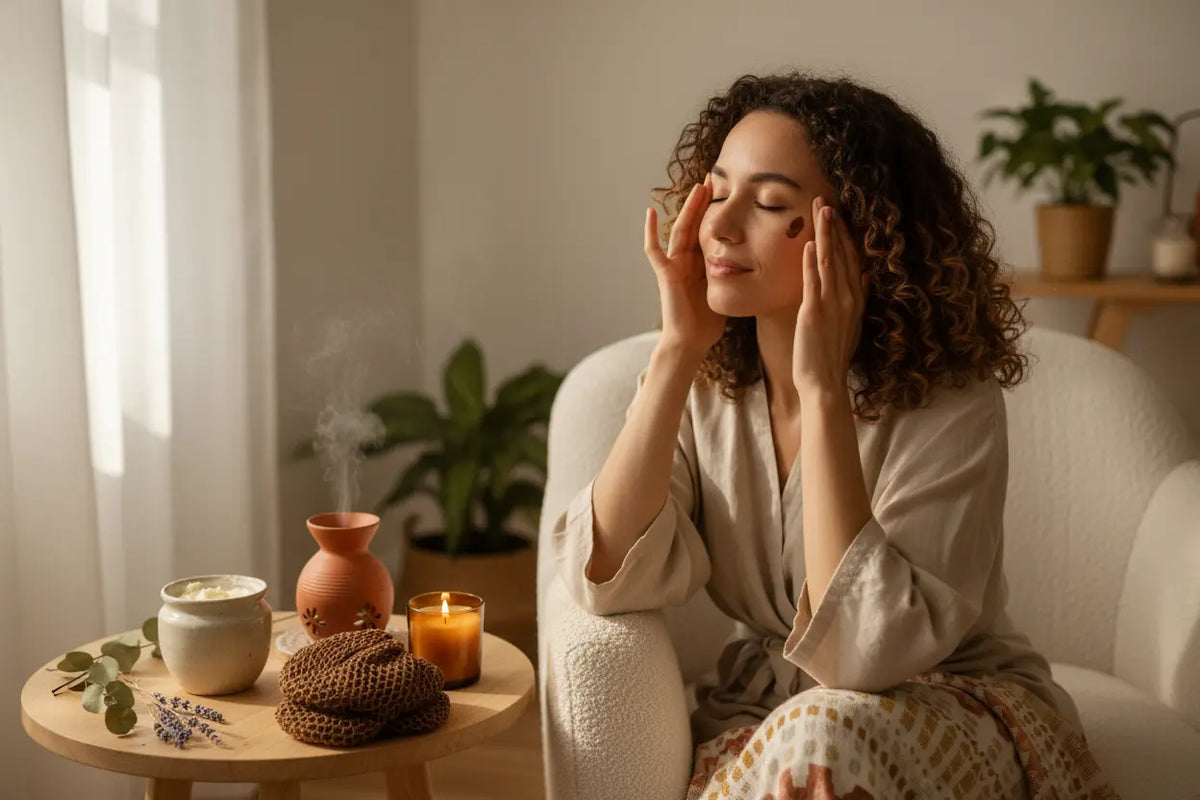 A new mom using Batana oil and shea butter as part of a gentle postpartum self-care routine.