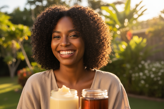 A woman with defined, frizz-free natural hair in the summer, thanks to a hair routine with shea butter and batana oil