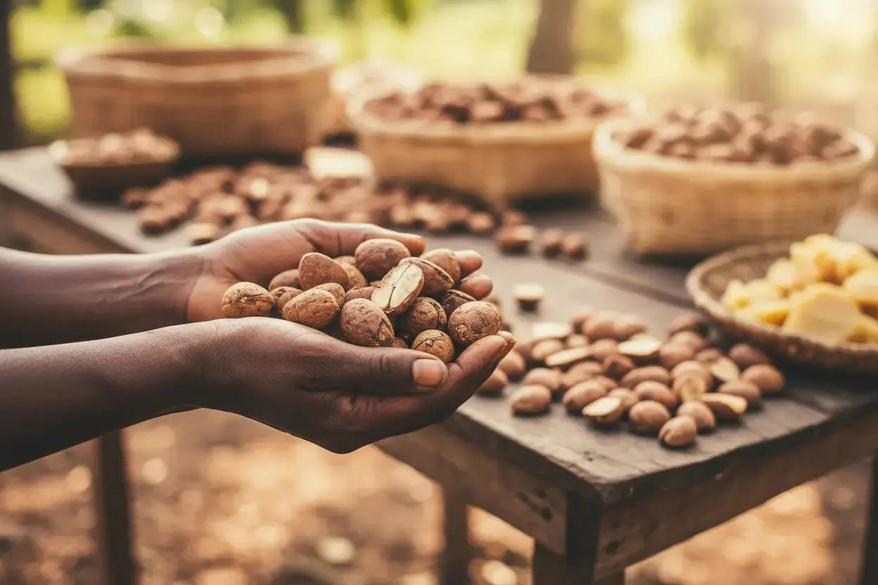The hands of a Ghanaian woman holding shea nuts, representing ethically sourced, fair-trade shea butte