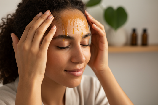 A woman applying 100% pure Batana oil to her hairline to help restore and regrow her thinning edges naturally