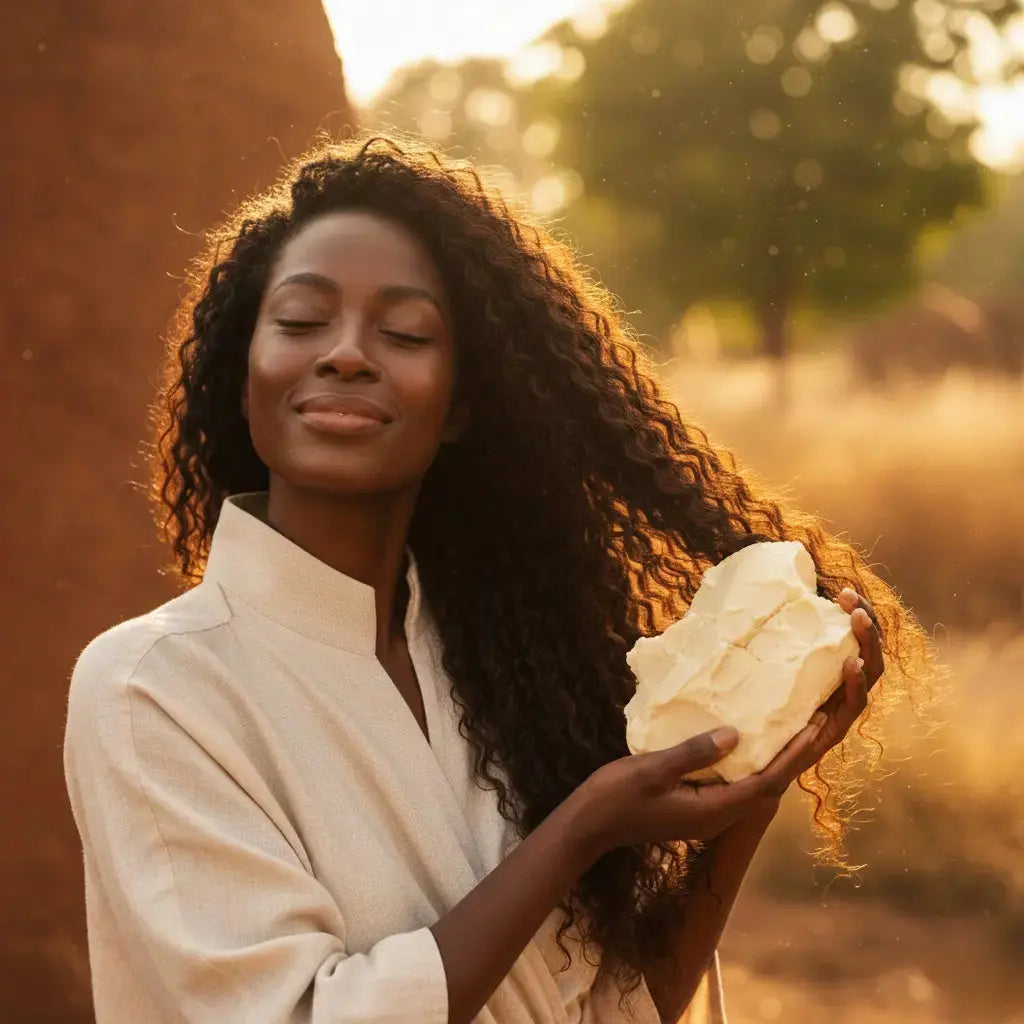 Woman with long natural hair holding raw shea butter for hair growth.