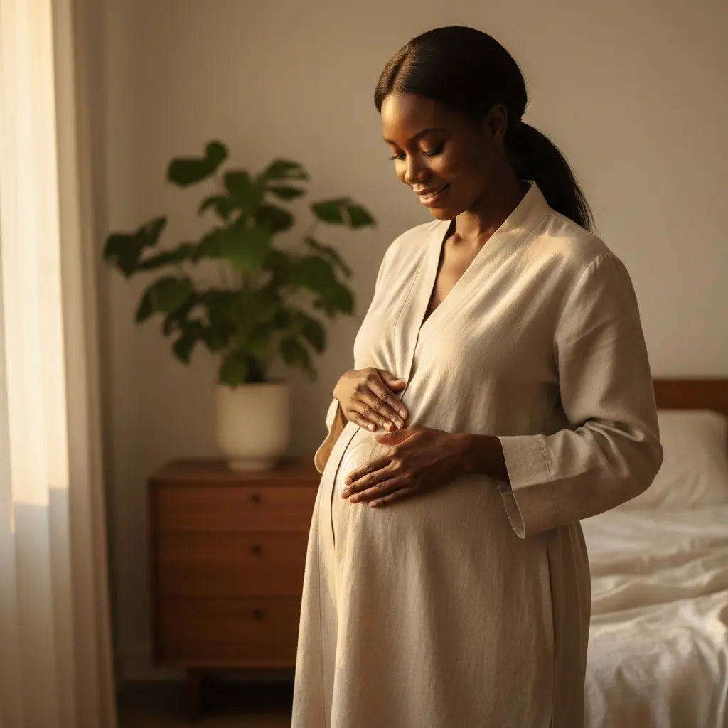 Pregnant woman applying Nubiana raw shea butter for stretch mark prevention and skin elasticity.