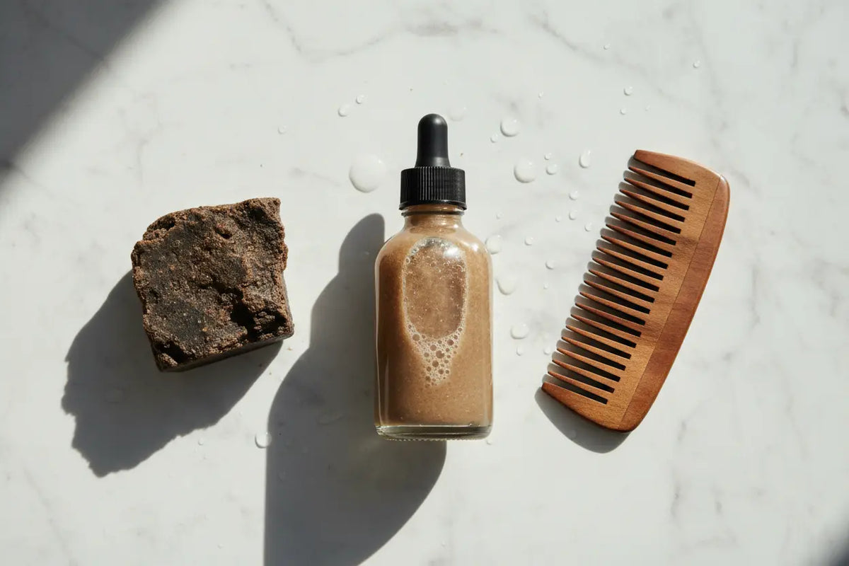 A DIY liquid shampoo african black soap mixture prepared in a glass bottle next to raw botanical ingredients.