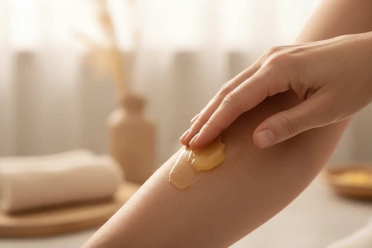 An adult applying 100% pure unrefined shea butter to their arm to help restore and moisturize thin, "crepey" body skin.