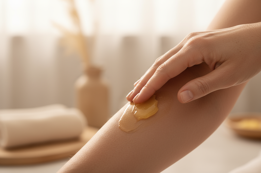 An adult applying 100% pure unrefined shea butter to their arm to help restore and moisturize thin, "crepey" body skin.