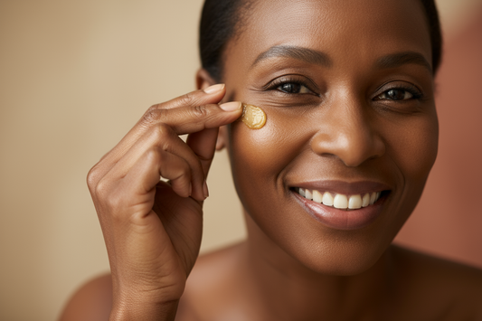A woman applying unrefined shea butter to her face to help reduce wrinkles and fine lines naturally.