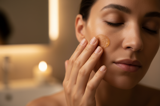 An adult applying 100% pure shea butter to their dry face as a deeply moisturizing overnight mask.
