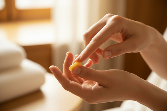 An adult using unrefined shea butter as a natural, intensive hand and cuticle cream to heal dry, cracked hands.