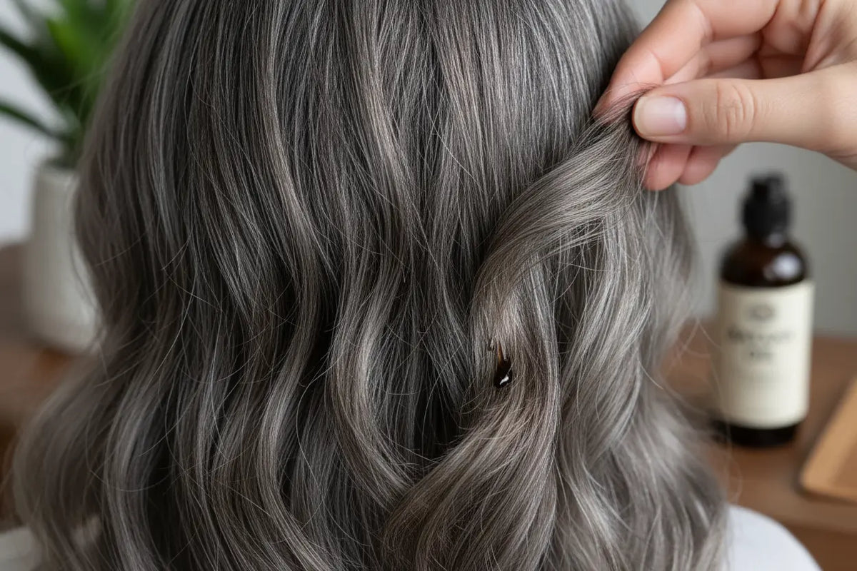 An adult applying 100% pure Batana oil to their natural gray hair to make it soft, strong, and shiny.