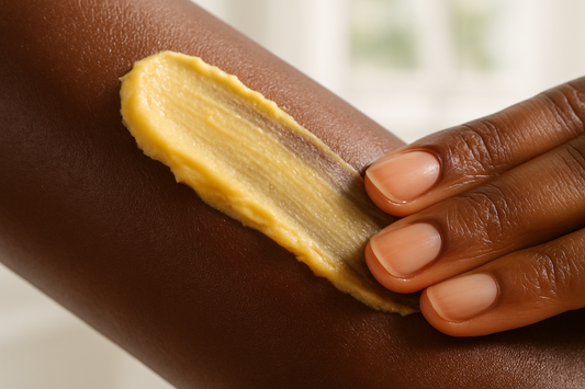 A close-up of hydrated, glowing arm after applying pure shea butter, the natural remedy for ashy skin.