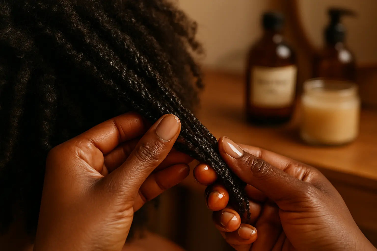 A close-up of a strong, healthy hair strand, demonstrating how Batana oil prevents breakage