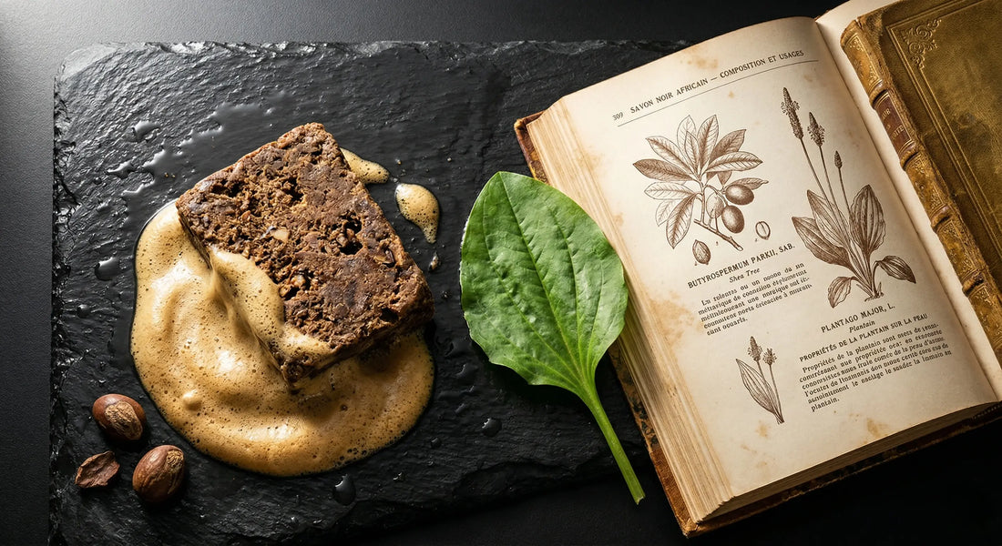 Authentic traditional african black soap lather used for clearing pores and balancing the skin barrier