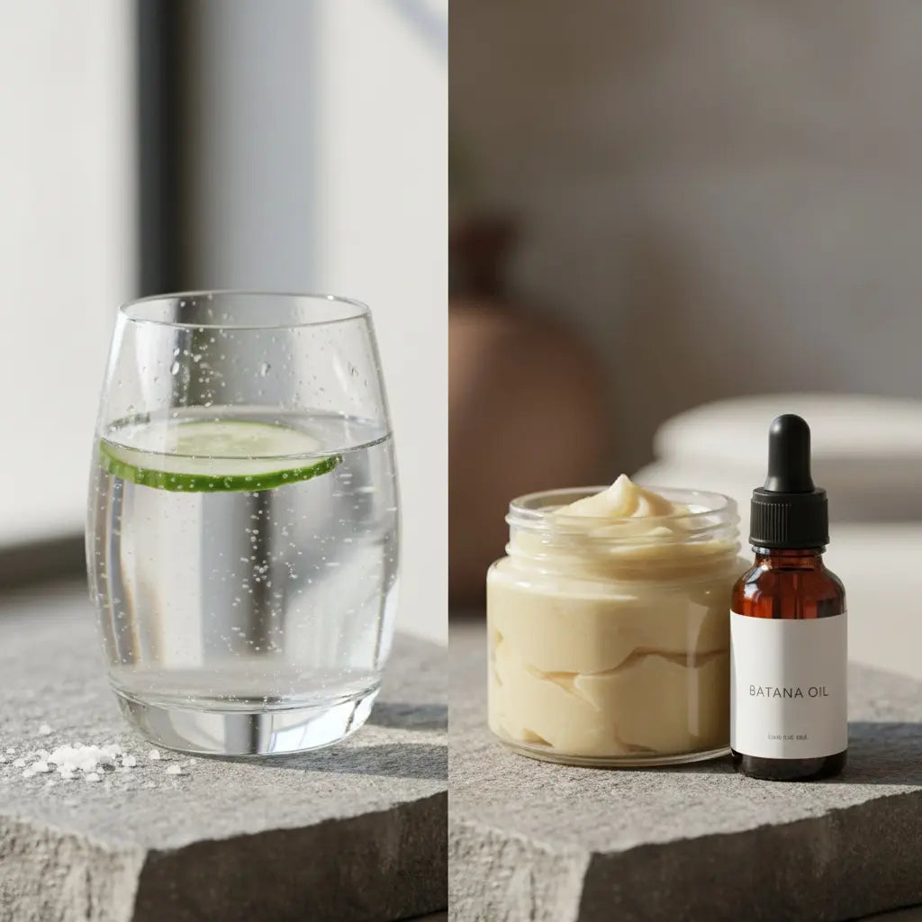 Metabolic beauty routine with hydration, raw shea butter, and batana oil.