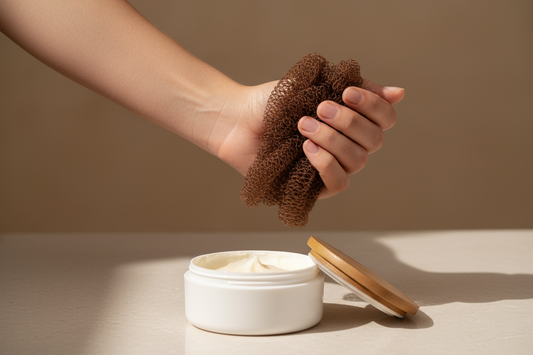 A clean, minimalist shot focusing on an adult's clear, smooth back. Their hand is in the frame, holding the African Net Sponge, presenting it as the solution.