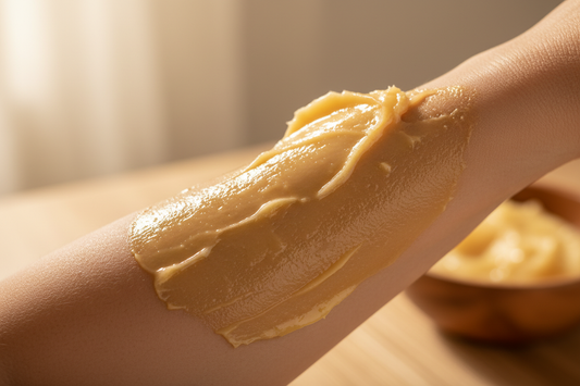 An adult applying 100% pure unrefined shea butter to their dry, cracked heels as an intensive arm treatment.