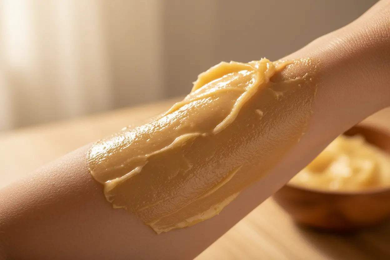 An adult applying 100% pure unrefined shea butter to their dry, cracked heels as an intensive arm treatment.
