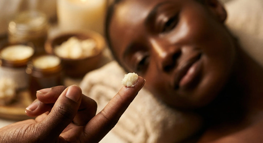 Applying the correct micro-dose amount of raw african shea butter on face