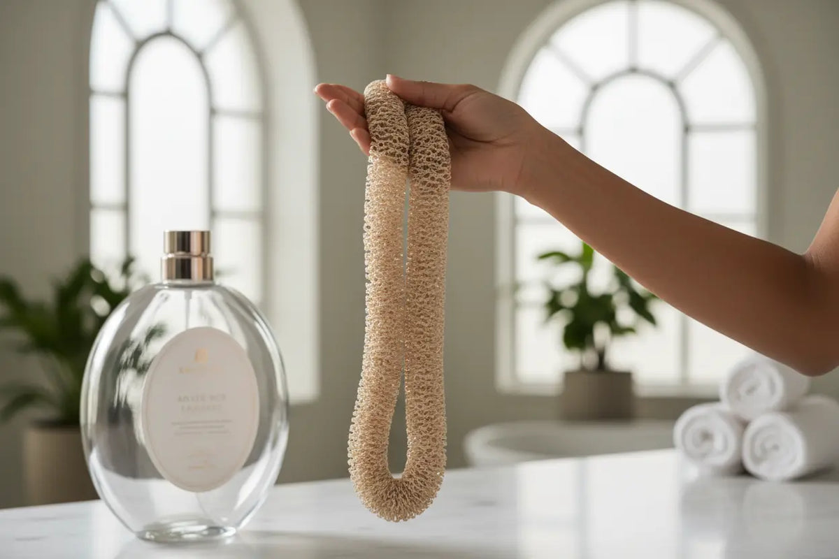 An adult holding an African Net Sponge, showing the perfect exfoliation tool to prep for a streak-free sunless tan.