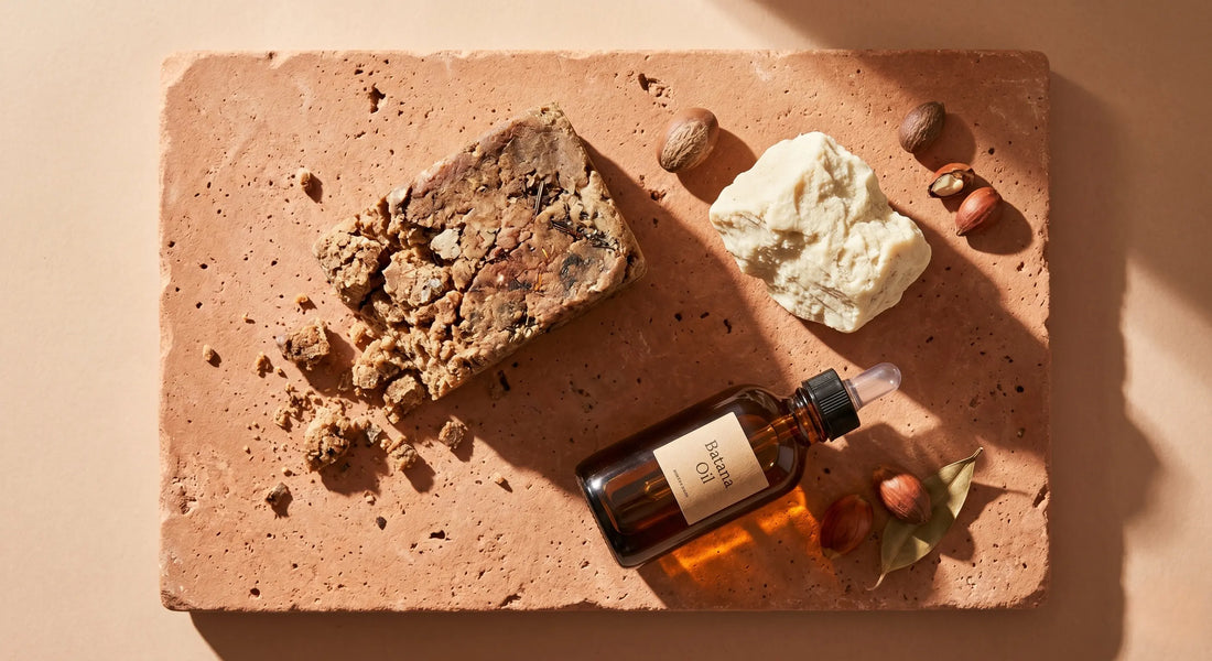 Raw natural skin care ingredients including black soap, pure batana oil, and unrefined shea butter.