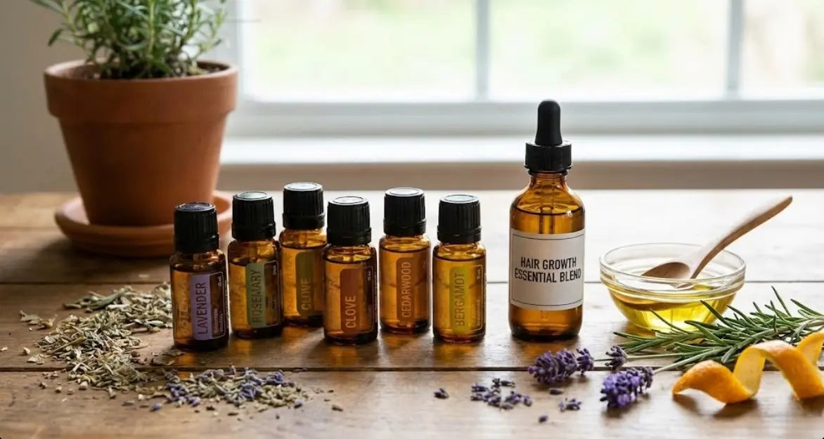 Collection of essential oils for hair growth including lavender, rosemary, and cedarwood, displayed next to a carrier oil blend and natural botanicals on a wooden table.