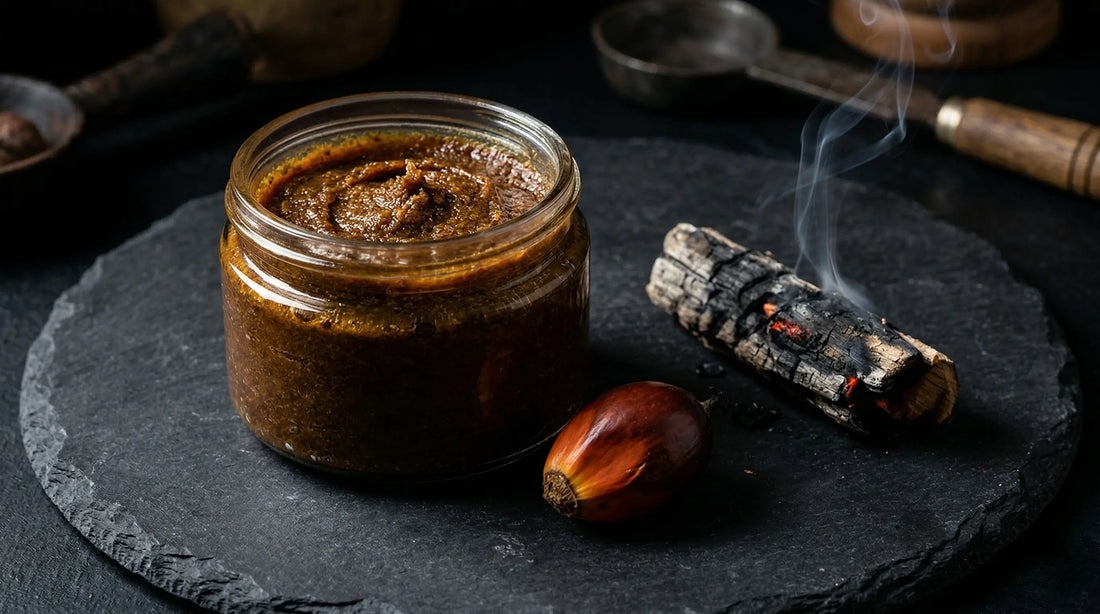 Thick dark paste of the real batana oil from Honduras next to a palm nut