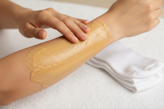 A person applying unrefined shea butter to their dry, cracked heels as an intensive overnight treatment.