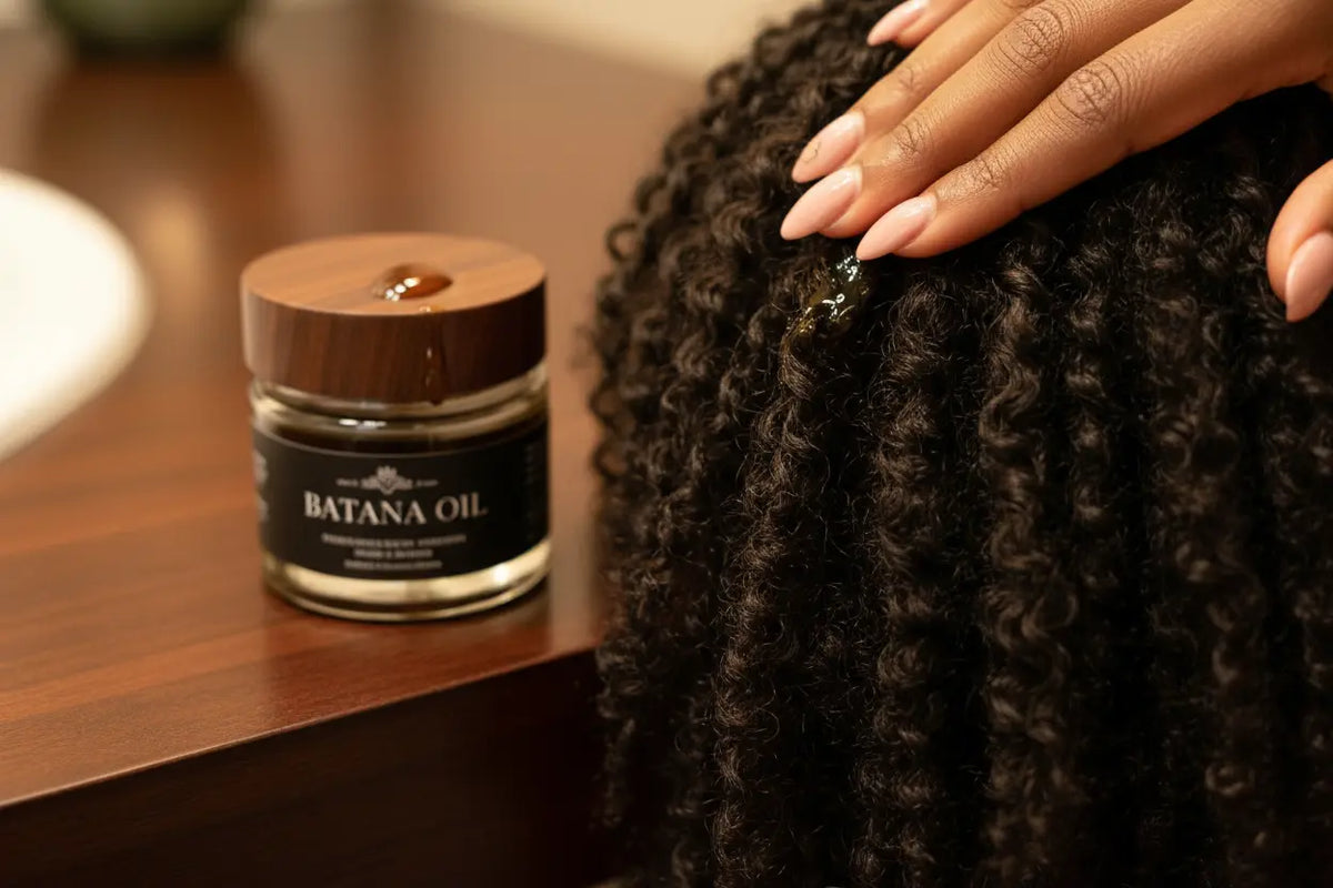 A woman applying pure Batana oil to her hair to nourish the skin and promote thicker, healthier growth.