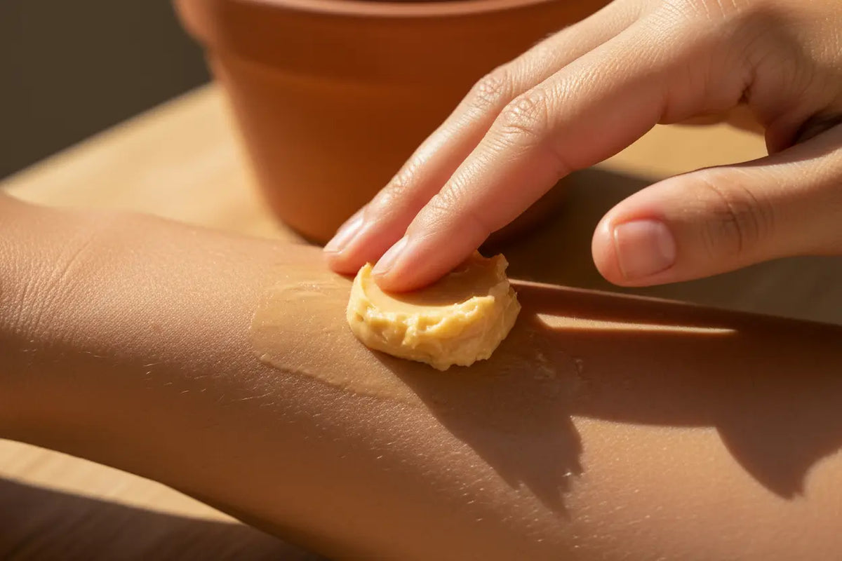An adult applying 100% pure shea butter to their legs, showing the "after" in a 2-step routine to fix ashy winter skin.
