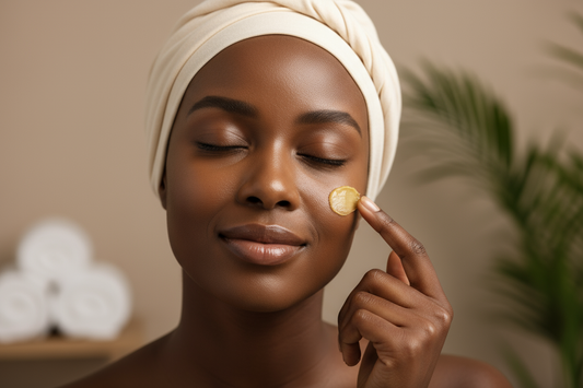 A person applying non-comedogenic unrefined shea butter to their face, showing it's safe for facial skin