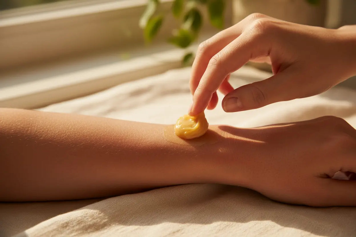 An adult applying 100% pure unrefined shea butter to their sunburnt body skin for natural, soothing relief.