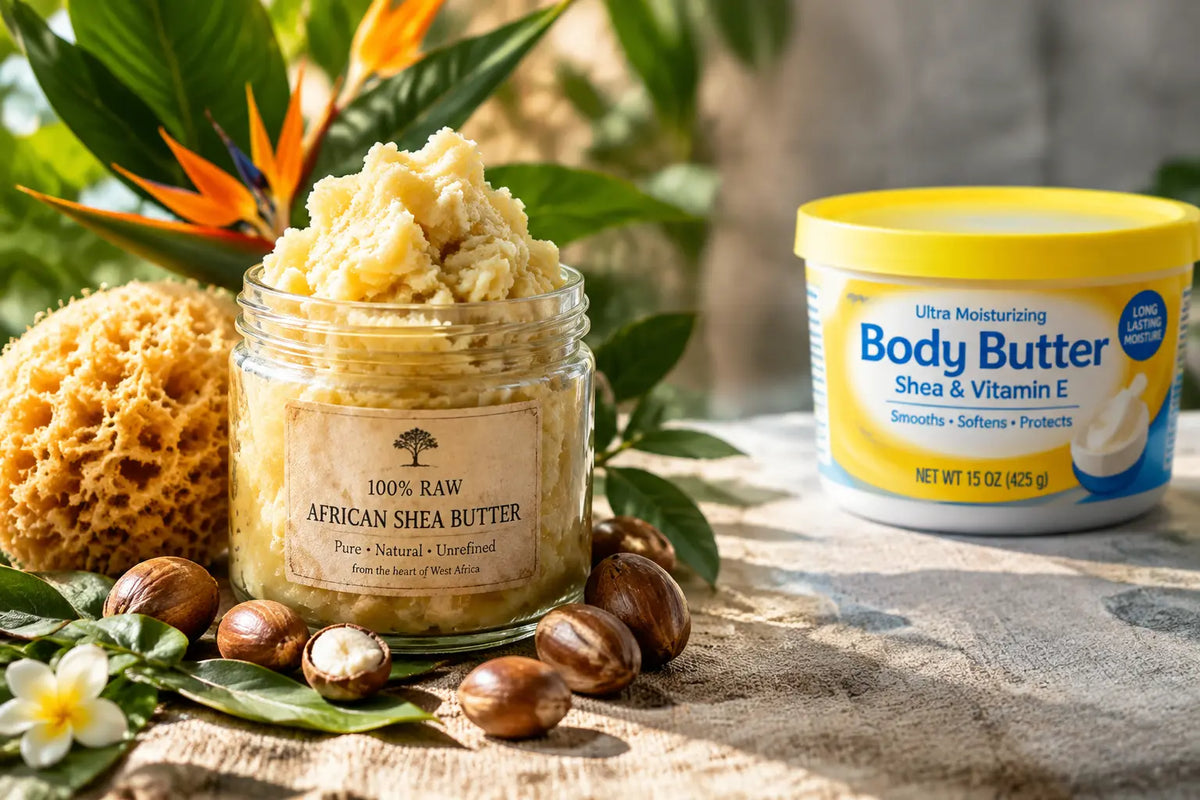 Comparing what is shea butter supposed to look like natively versus chemically bleached fakes found at local beauty supply stores.