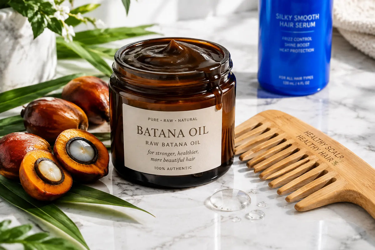 Pure unrefined plant fats displayed to showcase genuine batana oil for hair benefits over toxic chemical serums