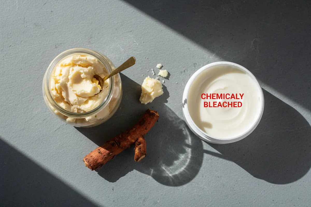 A side-by-side comparison of white vs yellow shea butter exposing chemically bleached drugstore fakes