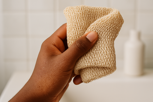 A person holding an African Net Sponge, showing it as a solution for Keratosis Pilaris, also known as strawberry legs